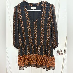 Melloday Black Floral Tiered Boho Mini Dress with Sheer Sleeves